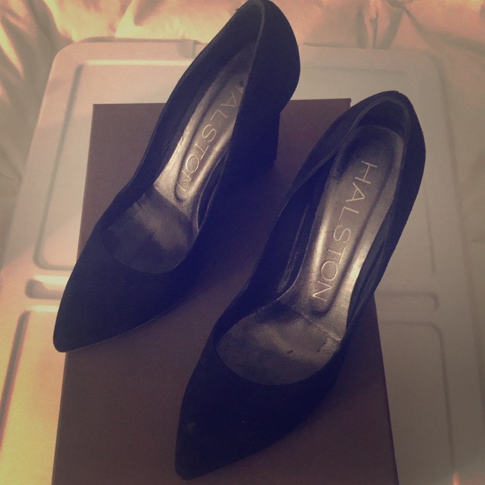 Black Suede Halston Thin Wedge Metallic Heel